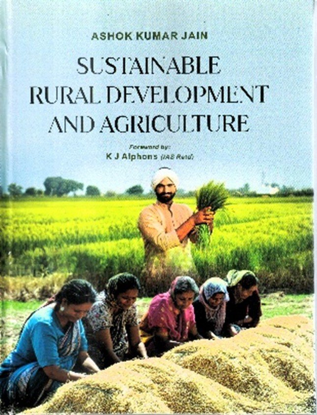 Book cover of Sustainable Rural Development and Agriculture by A.K. Jain showing agricultural workers and rural farming landscape.