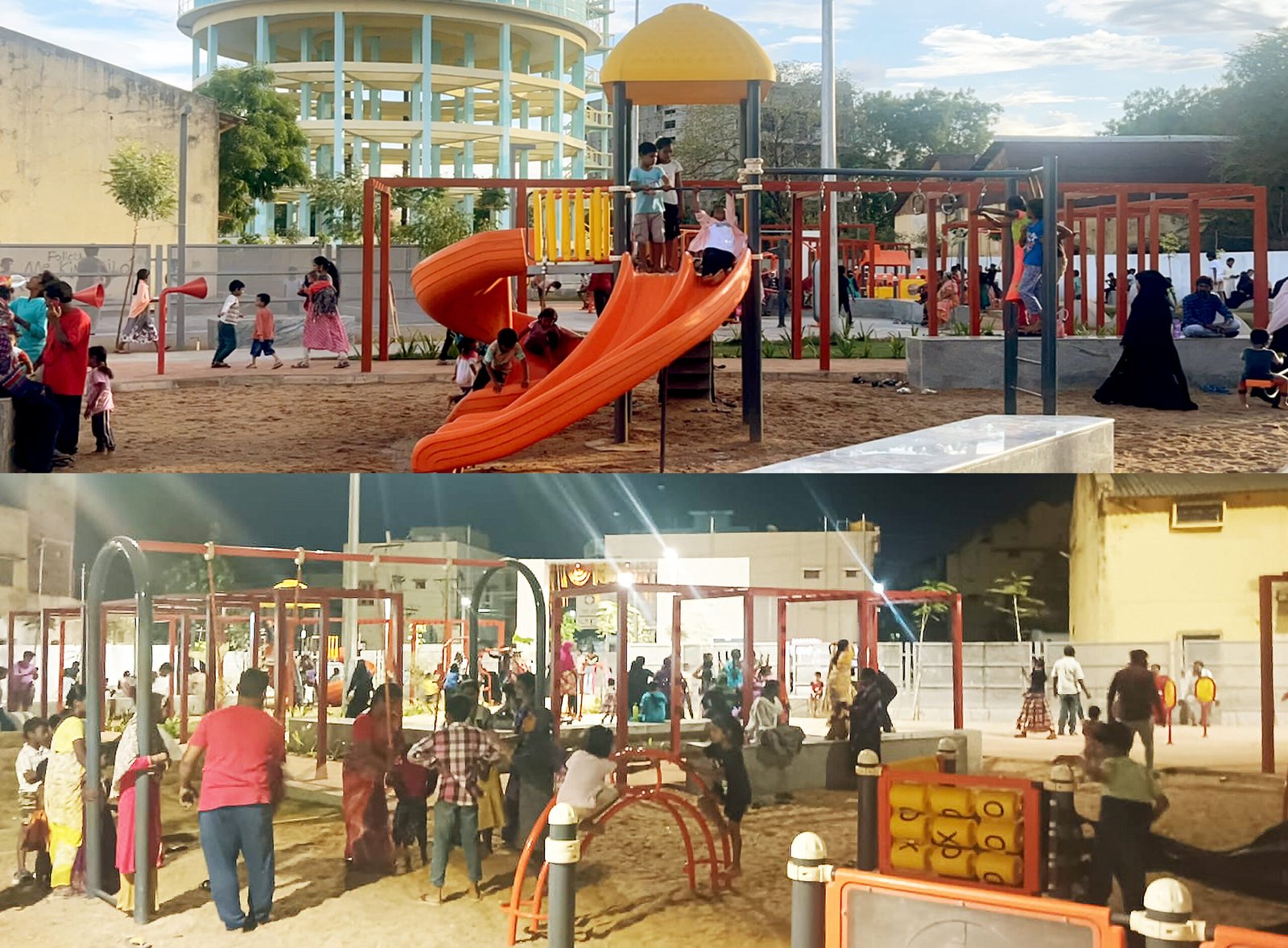Children and families using inclusive play equipment at Community Plug public park.