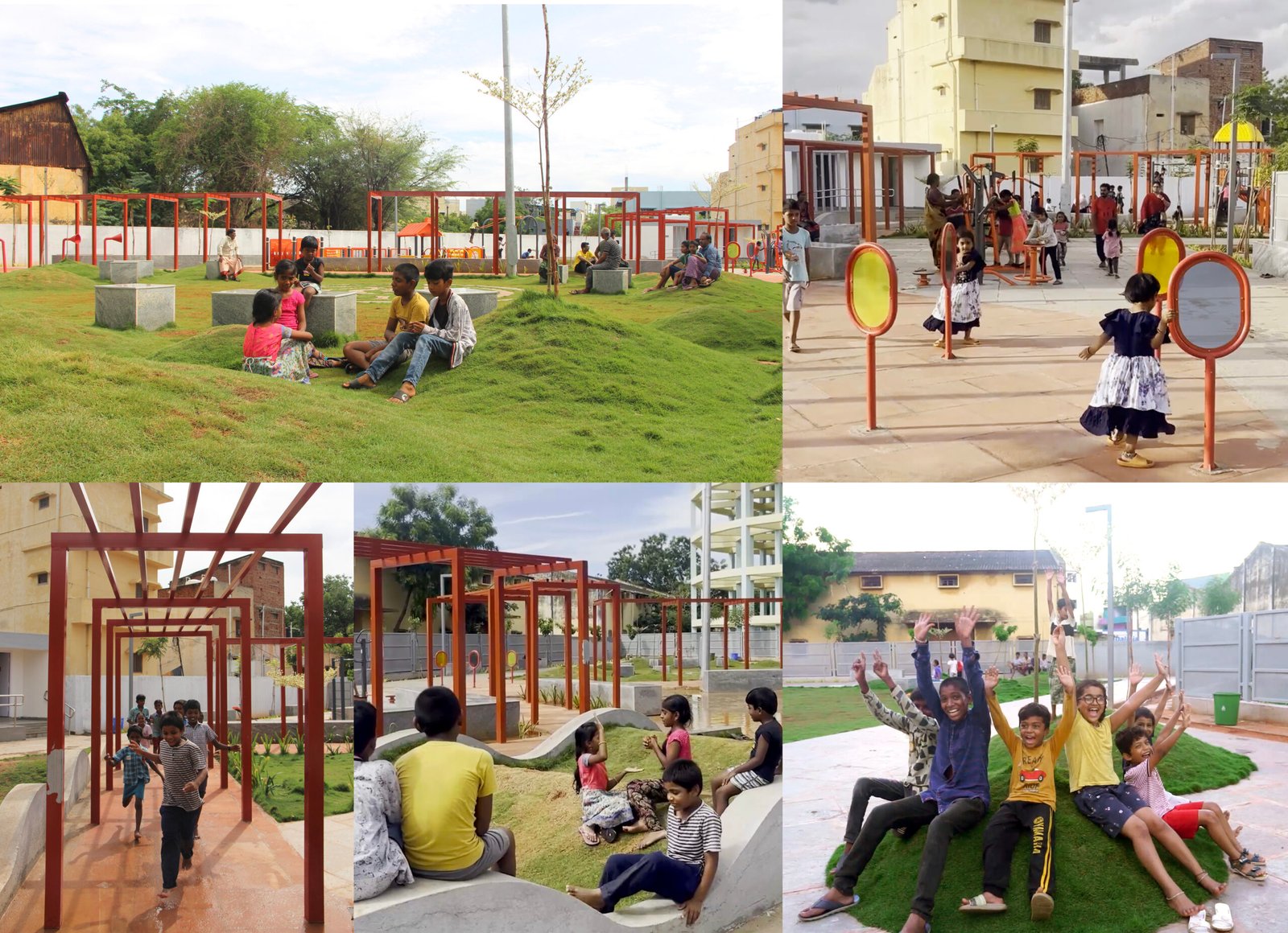 Children, families, and residents actively using Community Plug, an inclusive public space designed by Studio Aranya.