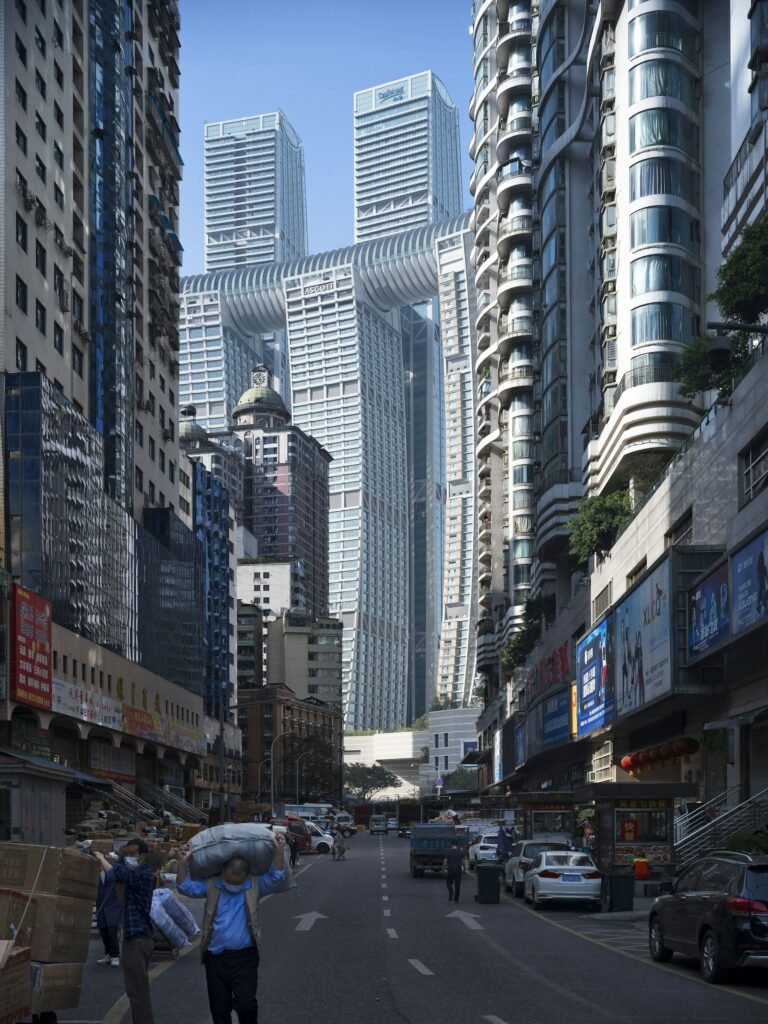 Street-level view of Raffles City Chongqing and The Crystal skybridge