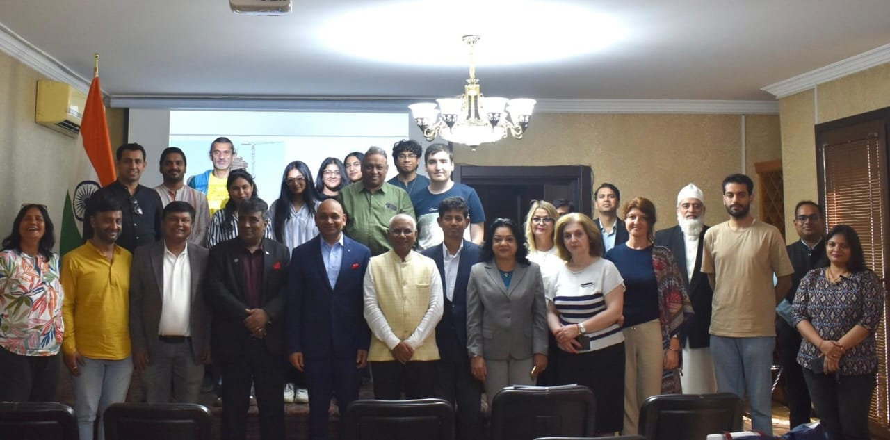 Rajendra Kumar with international delegates, architects, academics, and cultural representatives during a global architecture event.