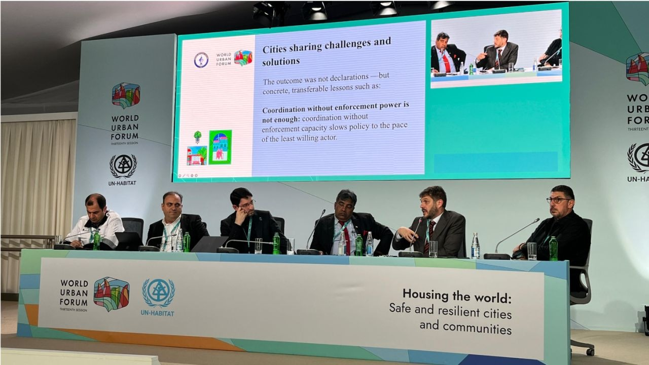 Rajendra Kumar participating in a panel discussion at the World Urban Forum on sustainable cities and communities.