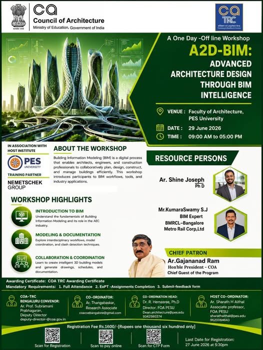 Official poster of the Council of Architecture-TRC A2D-BIM workshop at PES University scheduled for 29 June 2026.