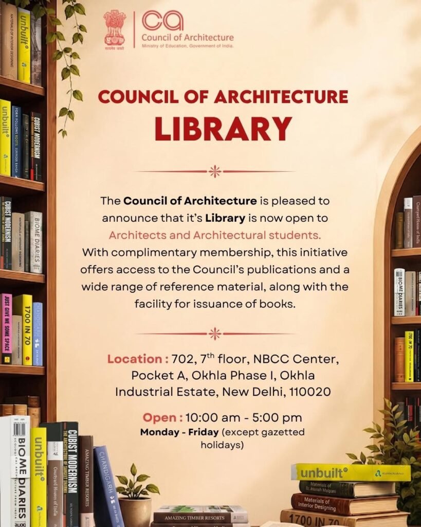 Interior promotional graphic announcing the opening of the Council of Architecture Library at NBCC Centre, New Delhi.