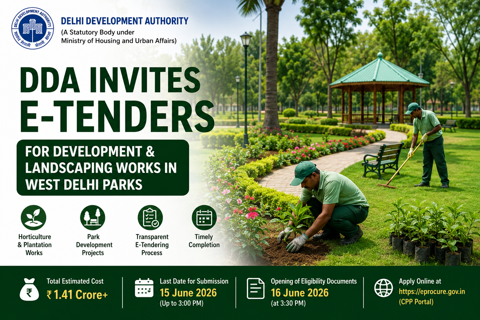DDA Invites West Delhi Parks for Development and Landscaping Works in West Delhi Parks