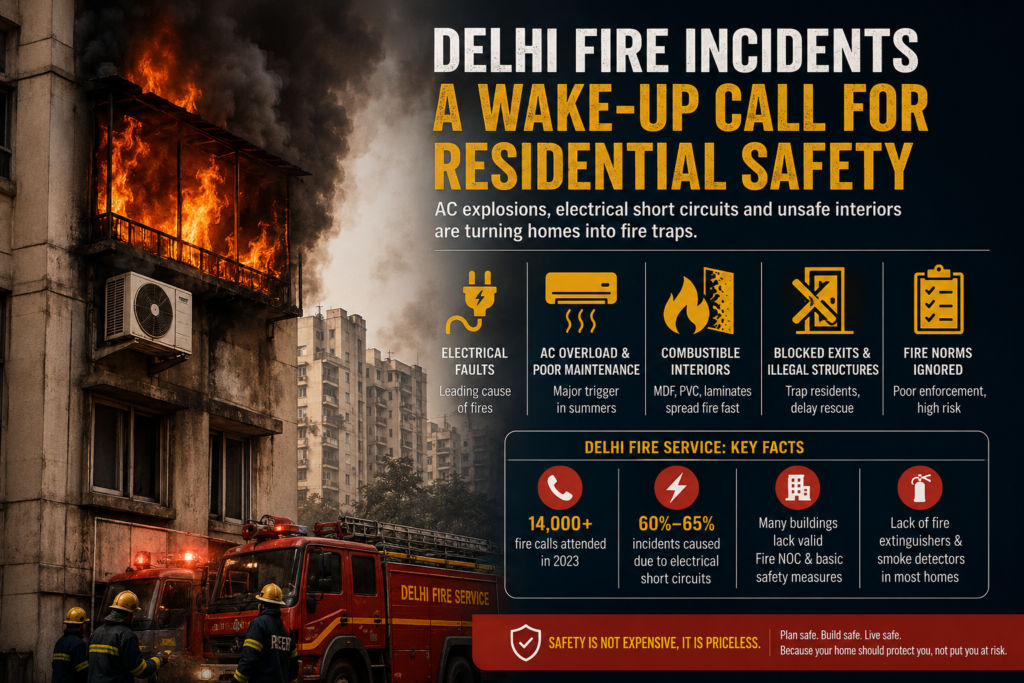 Residential apartment fire in Delhi showing AC unit blaze, firefighters, and risks caused by electrical short circuits and unsafe interior materials and fire safety.