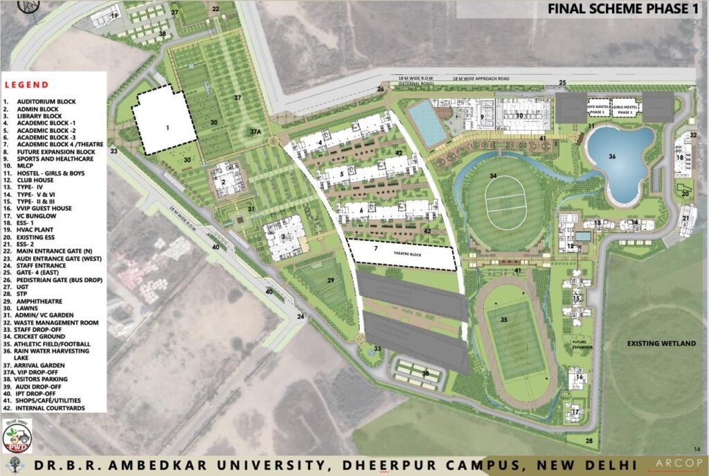Master plan of the proposed Dr. B.R. Ambedkar University Dheerpur Campus in New Delhi showing academic buildings, sports facilities, hostels, library, auditorium, and landscaped open spaces.