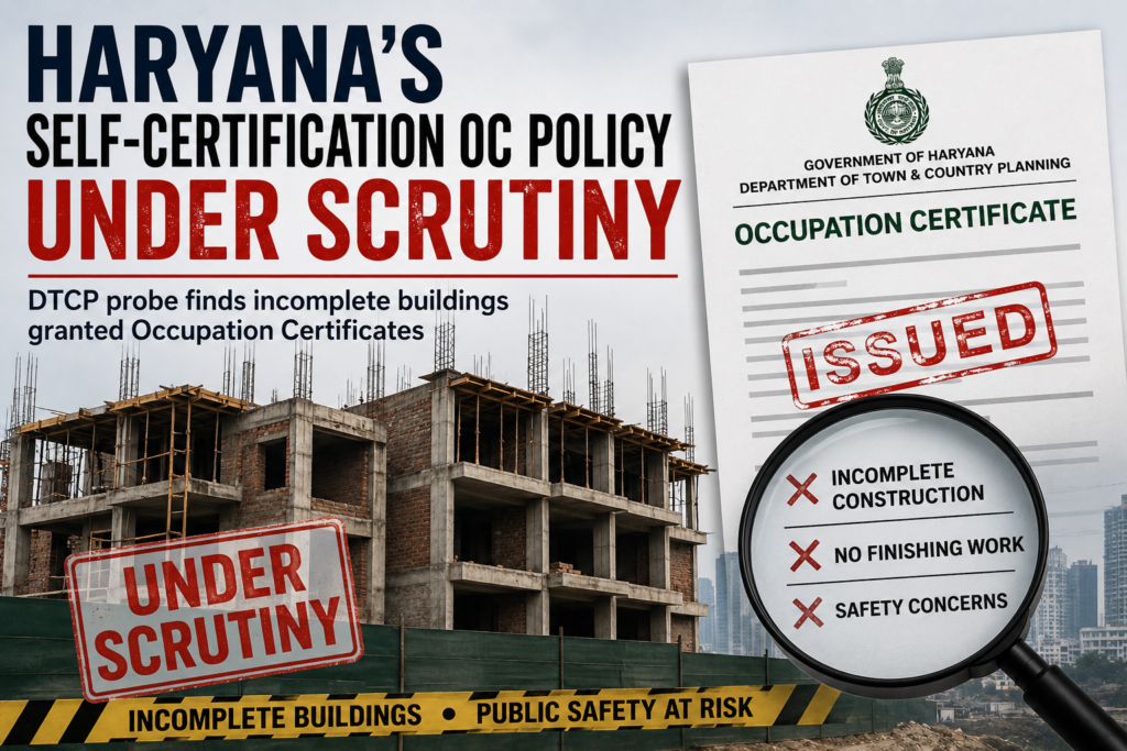 Under-construction residential building representing Haryana's self-certification Occupation Certificate policy under scrutiny following a DTCP investigation.