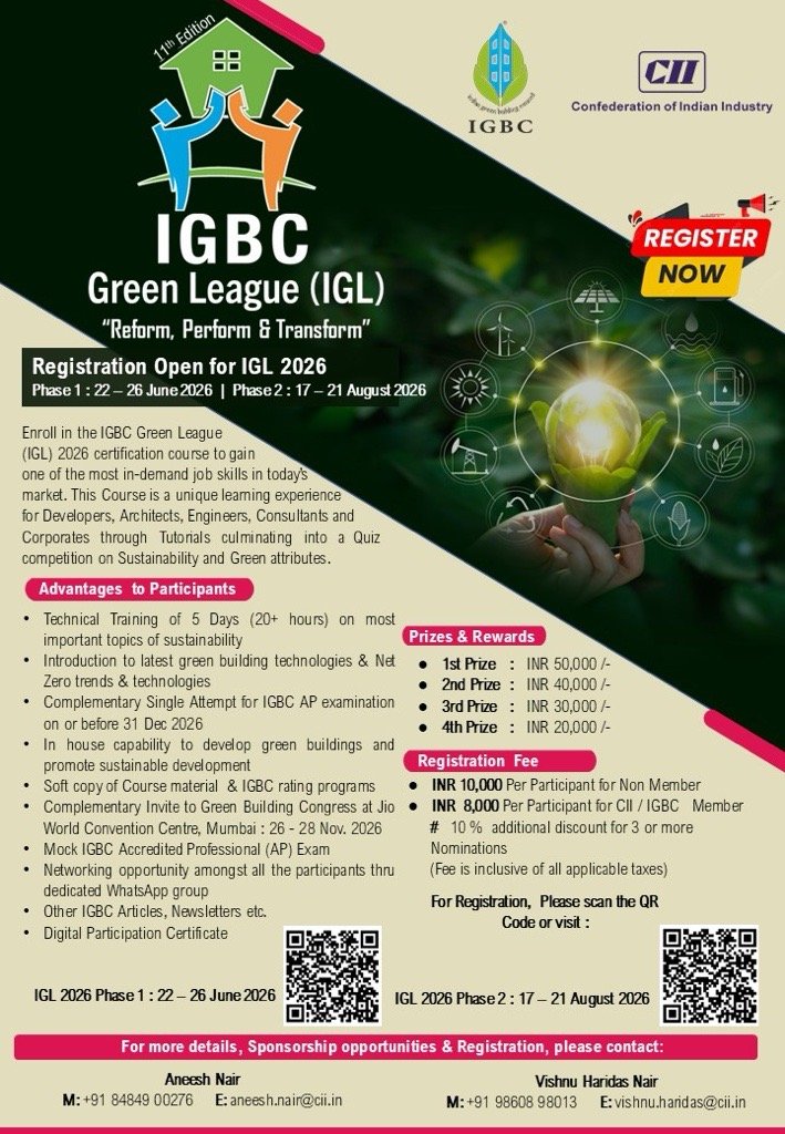 IGBC Green League 2026 registration open for sustainability training and green building certification programme