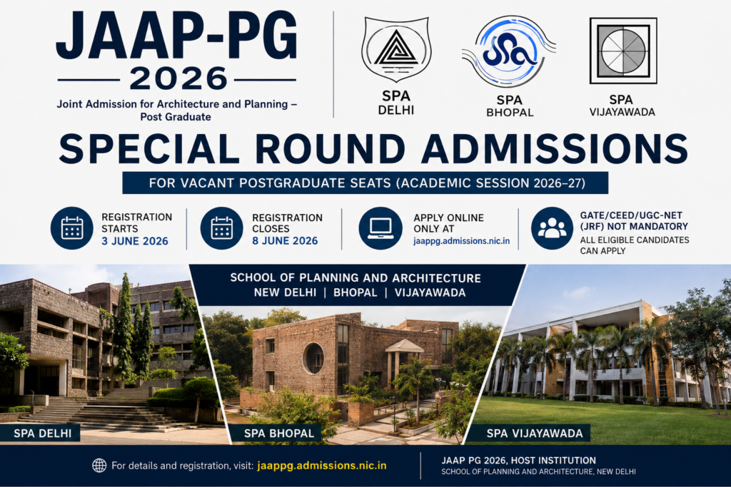 JAAP-PG 2026 Special Round admission announcement for SPA Delhi, SPA Bhopal and SPA Vijayawada postgraduate programmes