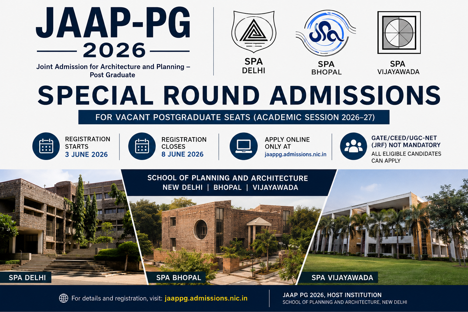 JAAP-PG 2026 Special Round Opens for Admissions to SPA Delhi, Bhopal and Vijayawada
