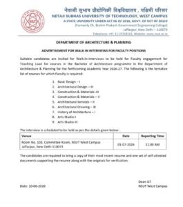 NSUT West Campus walk-in interview for Architecture and Planning faculty positions scheduled on 1 July 2026 in New Delhi.
