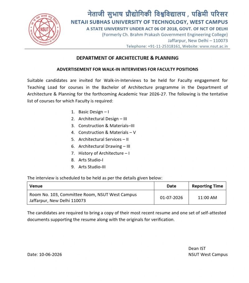 NSUT Walk-In Interview 2026 for Architecture Faculty at West Campus, Delhi