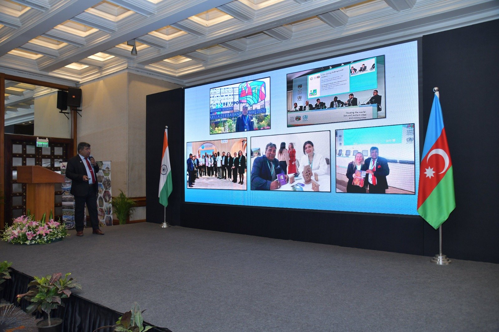 Rajendra Kumar presenting international architecture and urban planning initiatives at a global forum.