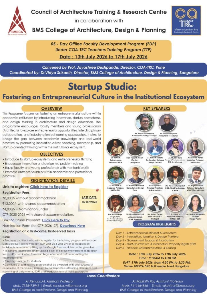 COA-TRC and BMS College of Architecture Startup Studio Faculty Development Program 2026