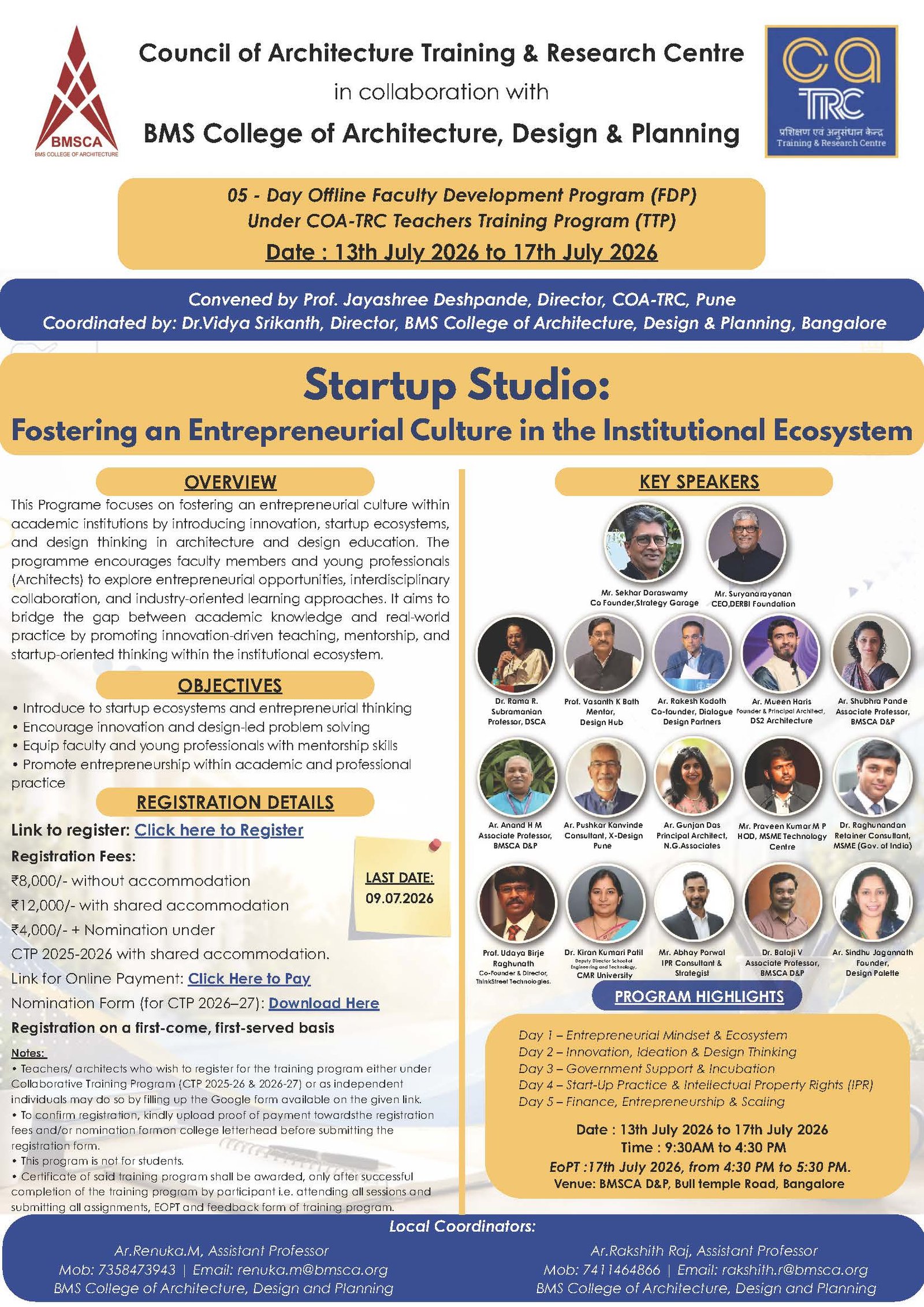 COA-TRC and BMS College of Architecture Startup Studio Faculty Development Program 2026
