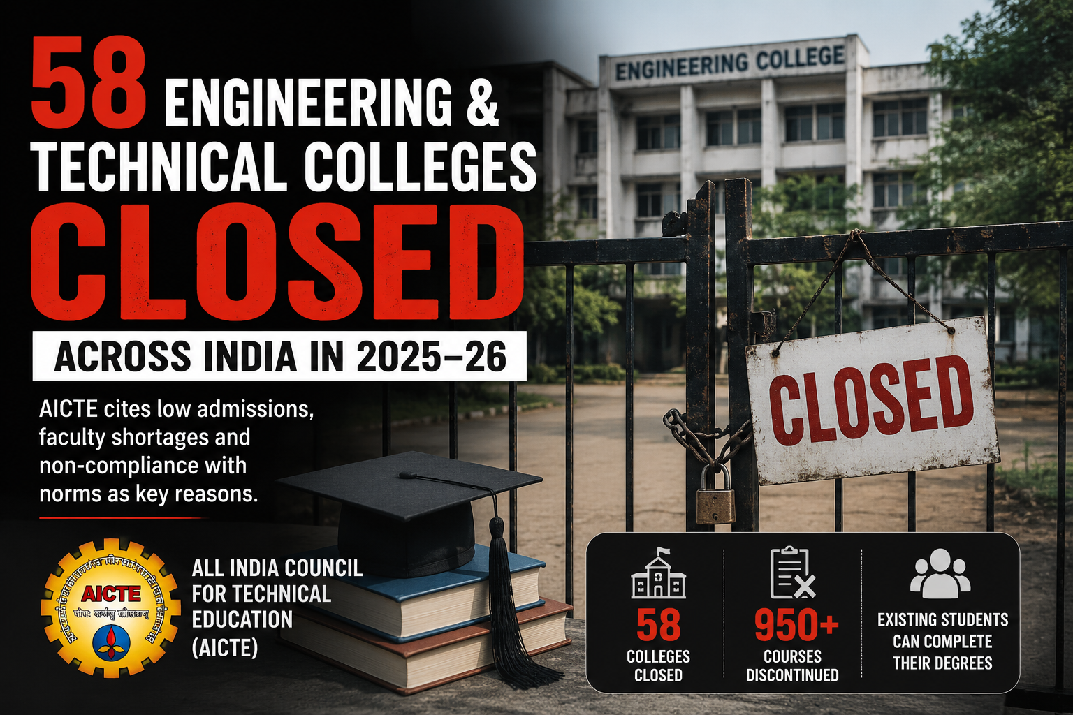 AICTE announces the progressive closure of 58 engineering and technical colleges across India during the 2025–26 academic year.