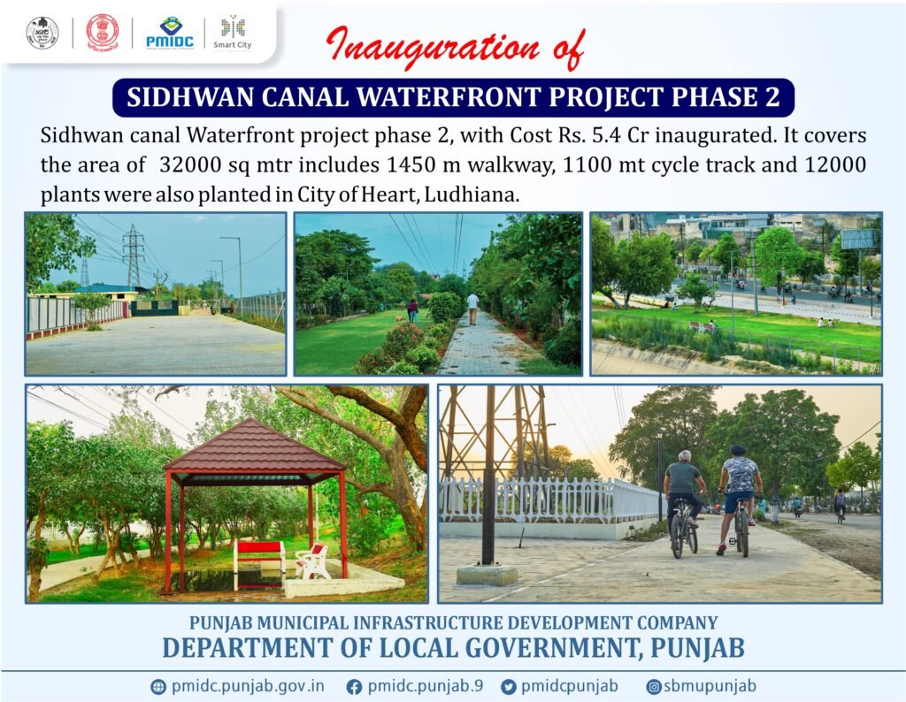 Sidhwan Canal Waterfront Project in Ludhiana featuring landscaped public spaces, cycling tracks, walking paths and green infrastructure developed under the Smart City Mission.