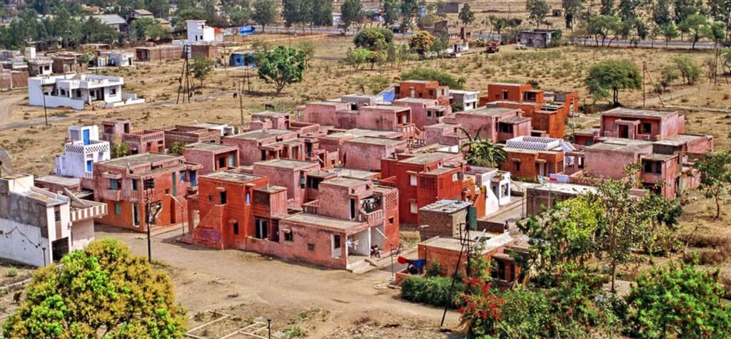 Aerial view of Aranya Low-Cost Housing designed by architect B.V. Doshi in Indore.