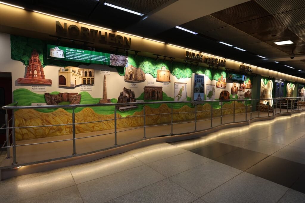 Heritage interpretation wall inside the Delhi Ridge Interpretation Centre at Patel Chowk Metro Station.