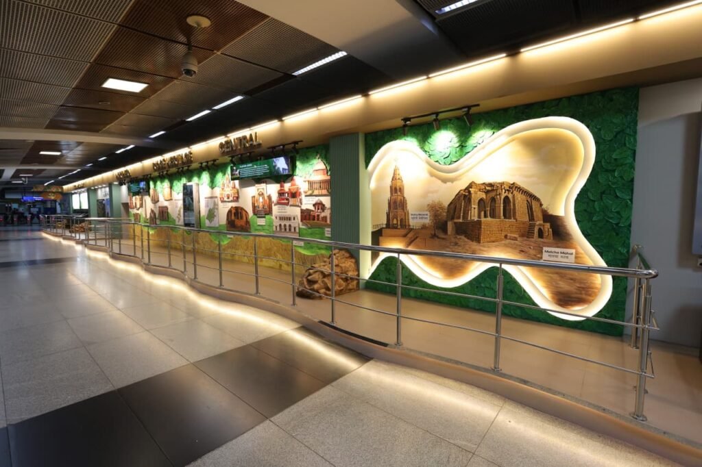 Wide interior view of the Delhi Ridge Interpretation Centre at Patel Chowk Metro Station.