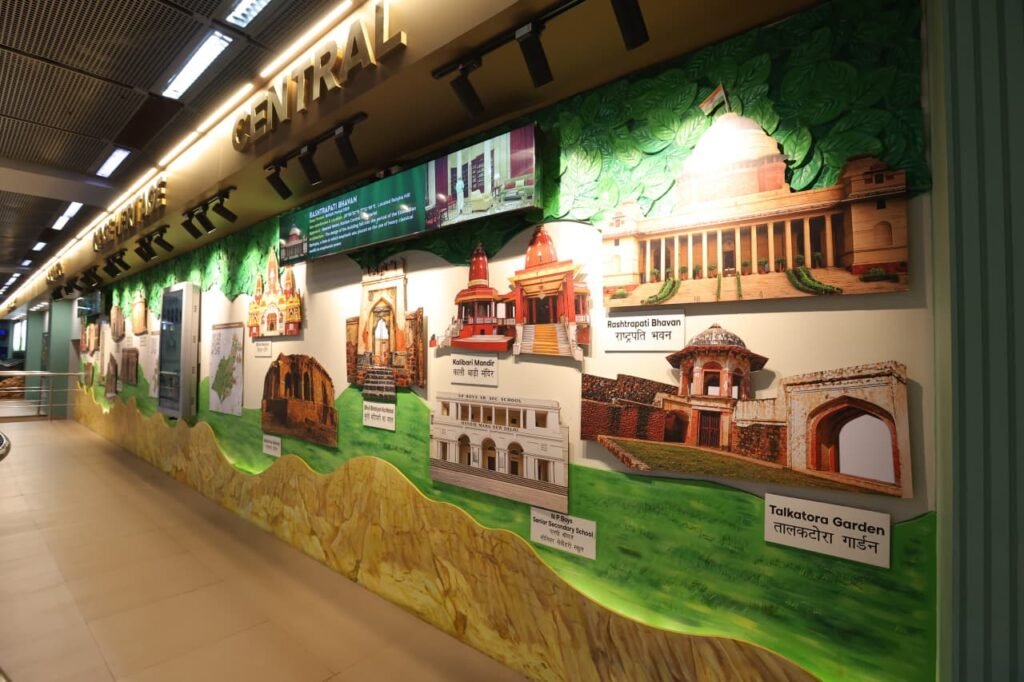 Displays of monuments and heritage landmarks inside the Delhi Ridge Interpretation Centre.