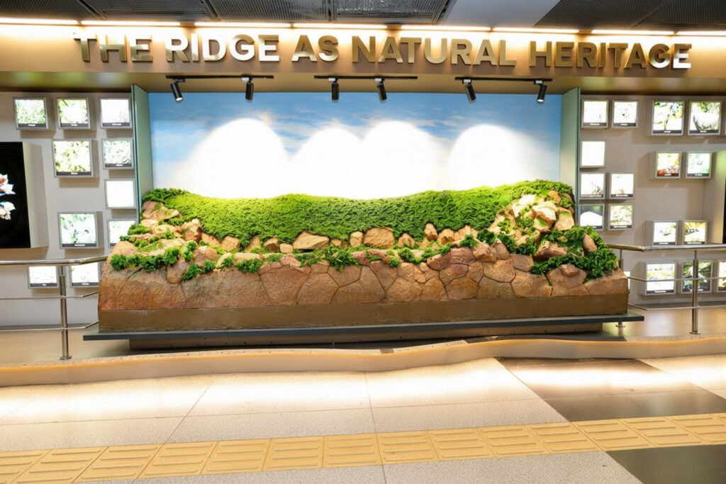 Interactive Delhi Ridge Natural Heritage exhibit inside the Delhi Ridge Interpretation Centre at Patel Chowk Metro Station.
