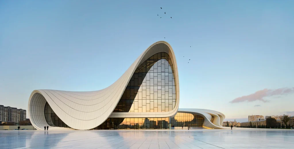 Heydar Aliyev Center in Baku, Azerbaijan, designed by Zaha Hadid Architects with its iconic flowing contemporary architecture.