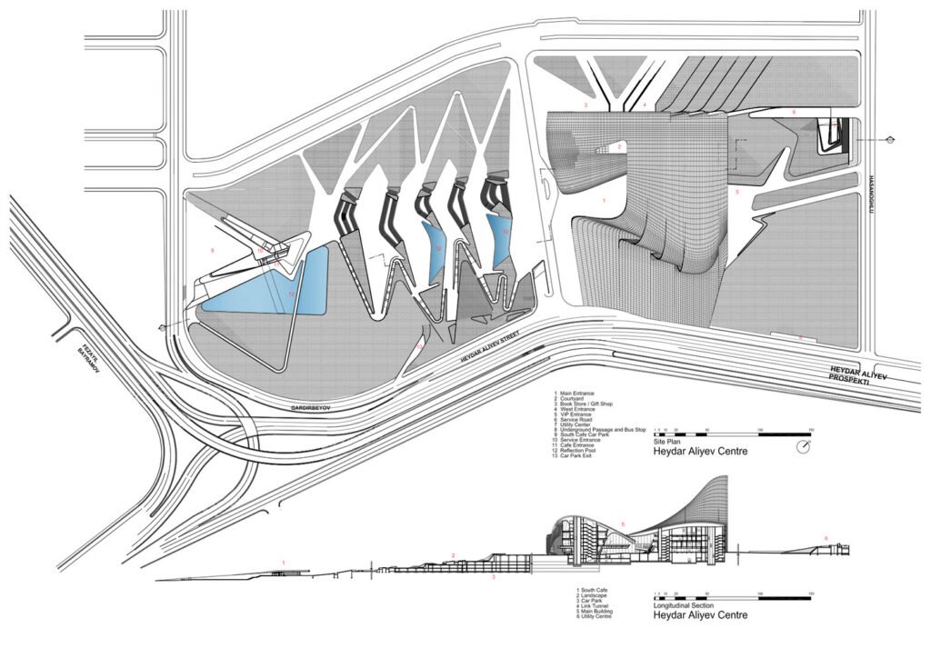 Site plan and longitudinal section drawing of the Heydar Aliyev Center designed by Zaha Hadid Architects.