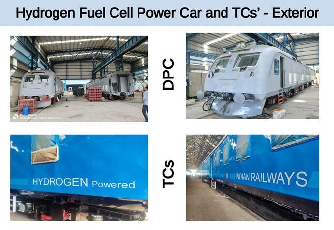 Exterior view of India's hydrogen-powered driving power car and trailer coaches.