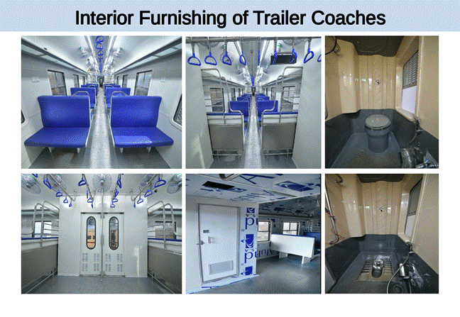 Passenger coach interior of India's first hydrogen fuel cell train with modern seating and amenities.
