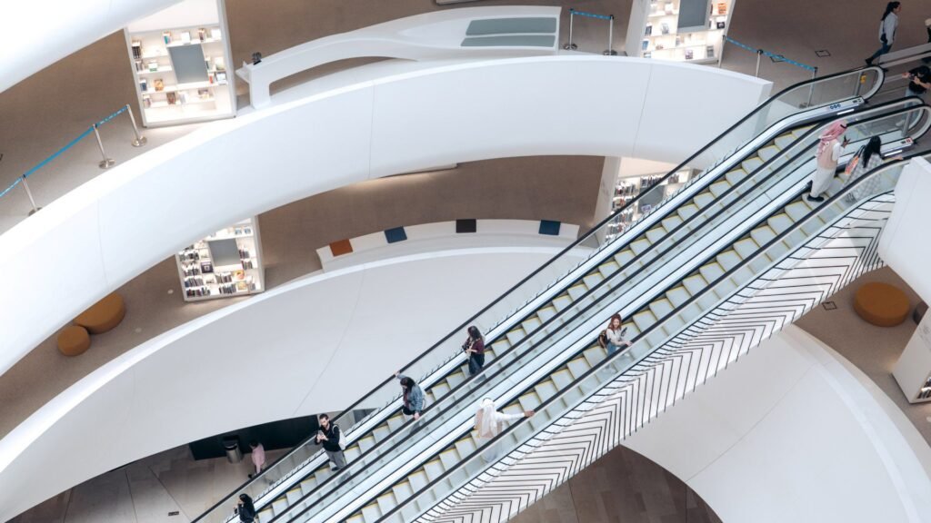 Escalators connect the multi-level library spaces inside the King Abdulaziz Center for World Culture.