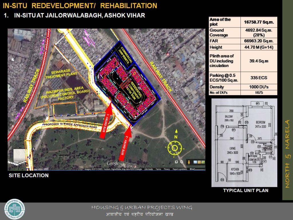 Master plan showing the proposed in-situ redevelopment layout of Jailorwala Bagh JJ Cluster in Ashok Vihar, Delhi.