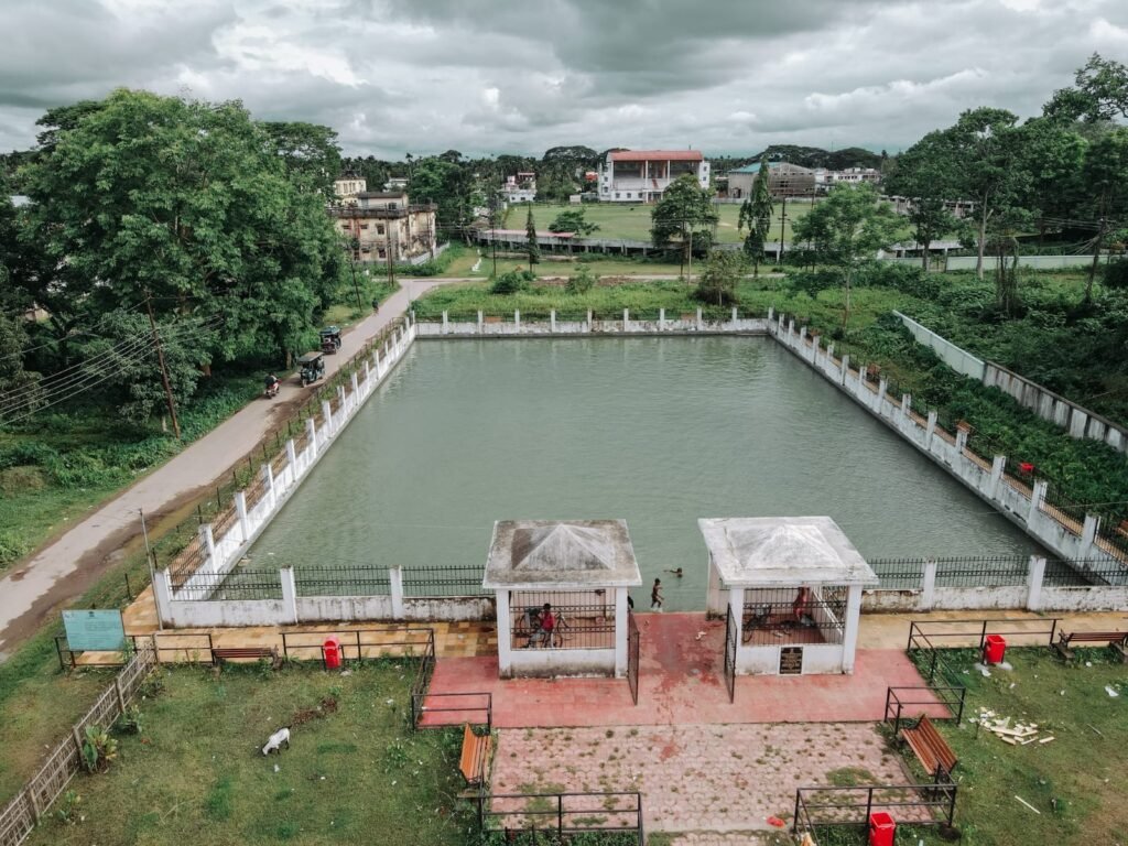 Aerial view of the rejuvenated Kailashahar Water Body in Tripura developed under the AMRUT 2.0 mission.