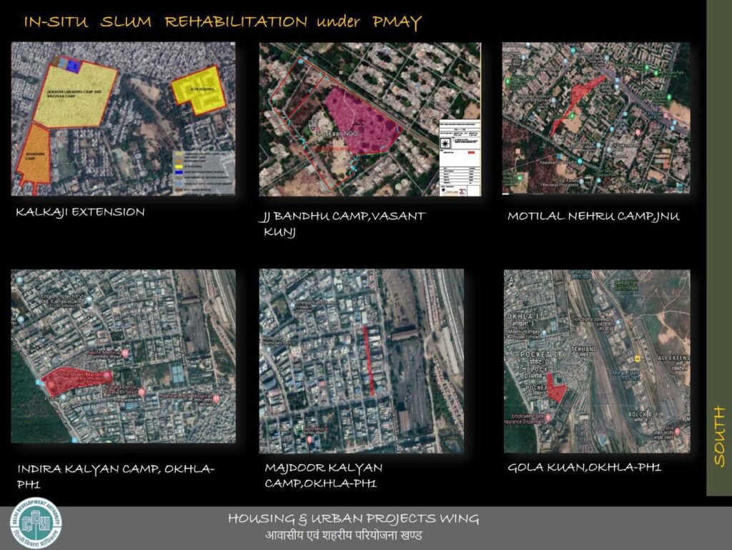 Map showing major in-situ slum rehabilitation projects in Delhi including Kalkaji Extension, Vasant Kunj, Okhla and JNU areas.