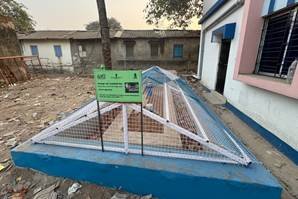 Groundwater recharge pit with protective cover constructed under the Catch the Rain campaign in Burdwan, West Bengal, as part of AMRUT 2.0.