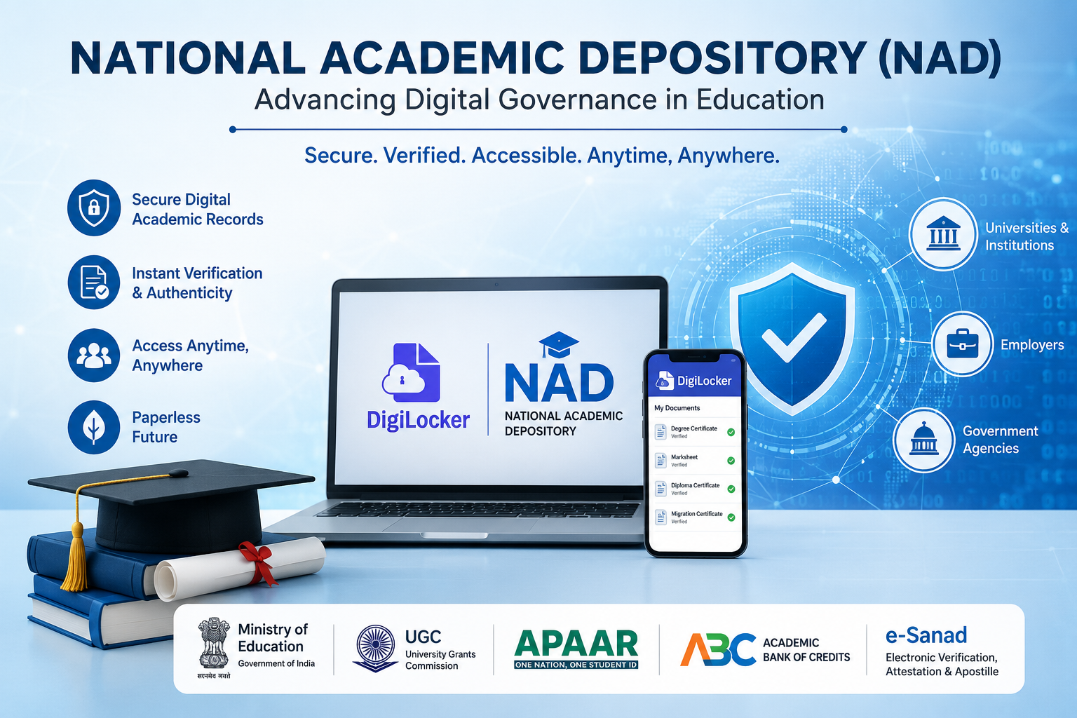 Illustration of the National Academic Depository (NAD) integrated with DigiLocker for secure digital academic records, certificate verification, and paperless education in India.