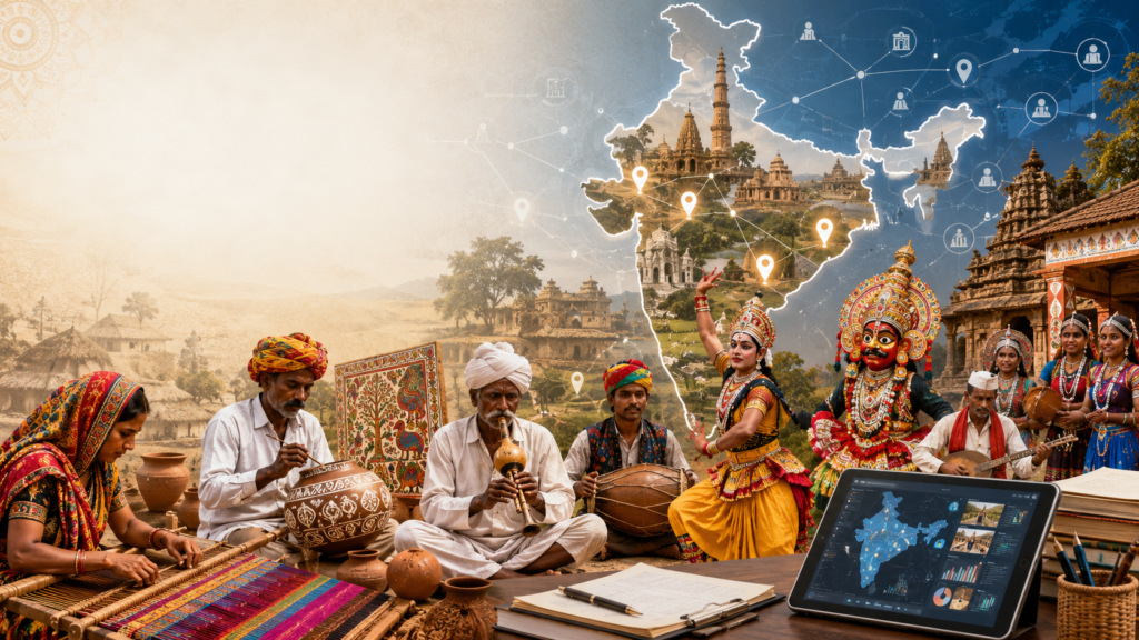National Mission on Cultural Mapping documents India's village cultural heritage through the Mera Gaon Meri Dharohar initiative.