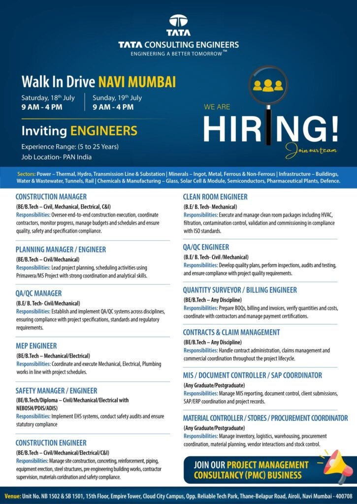 Tata Consulting Engineers walk-in recruitment drive for engineers in Navi Mumbai on 18 and 19 July 2026.