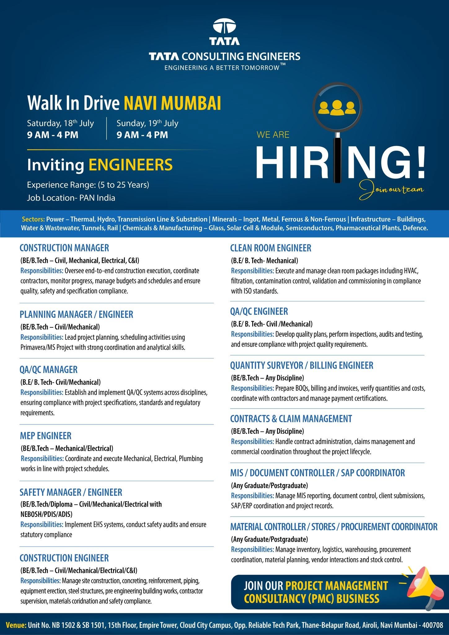 Tata Consulting Engineers Walk-in Drive 2026: Hiring Engineers in Navi Mumbai