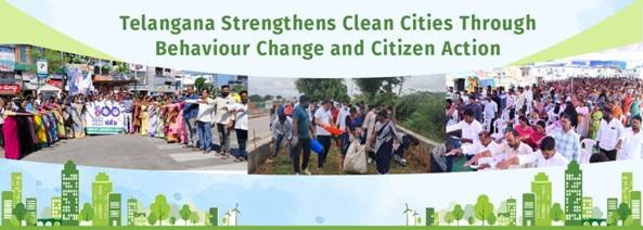 Citizens participate in cleanliness drives and community engagement activities under Telangana's Swachh Bharat Mission-Urban 2.0 campaign promoting sustainable urban sanitation.