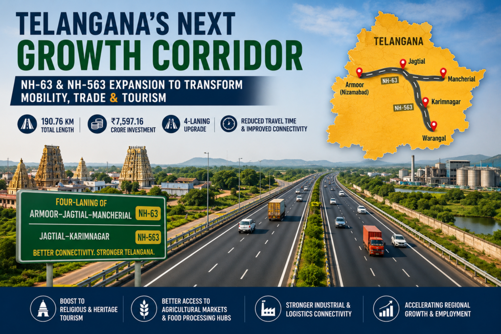 Four-laning work on Telangana's NH-63 and NH-563 to enhance regional connectivity and economic growth.