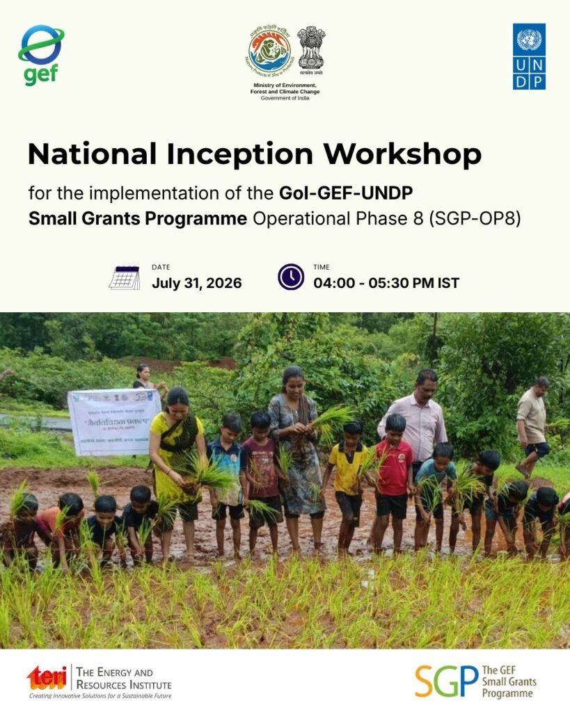 Participants planting rice during the National Inception Workshop announcement for the GoI-GEF-UNDP Small Grants Programme Operational Phase 8 (SGP-OP8).