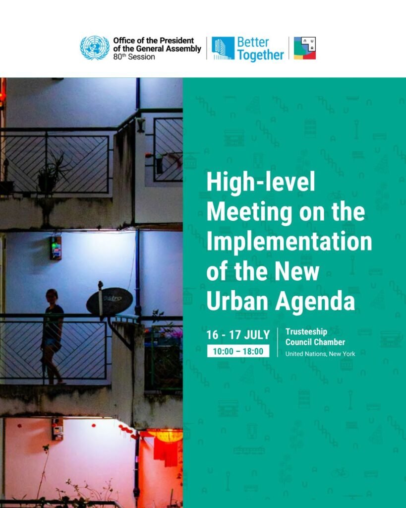 Official poster for the High-Level Meeting on the Midterm Review of the Implementation of the New Urban Agenda at the United Nations, July 2026.