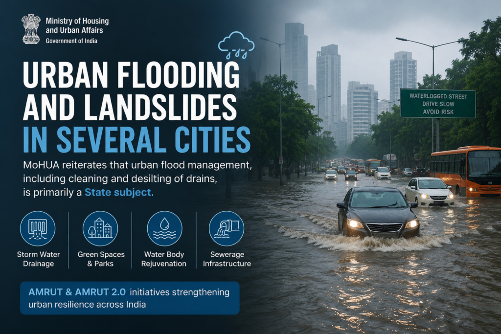 Urban Flooding Waterlogged urban road highlighting the need for improved stormwater drainage and flood management in Indian cities.