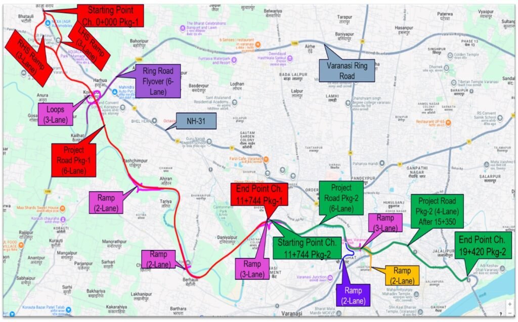 Map showing the proposed 43.218 km 6/4-lane elevated corridor along the Varuna River connecting NH-31 with the Varanasi Ring Road, approved by the Union Cabinet under the Hybrid Annuity Model.
