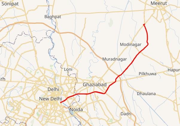 Map showing Delhi-Meerut Expressway Phase 5 route from Delhi to Meerut