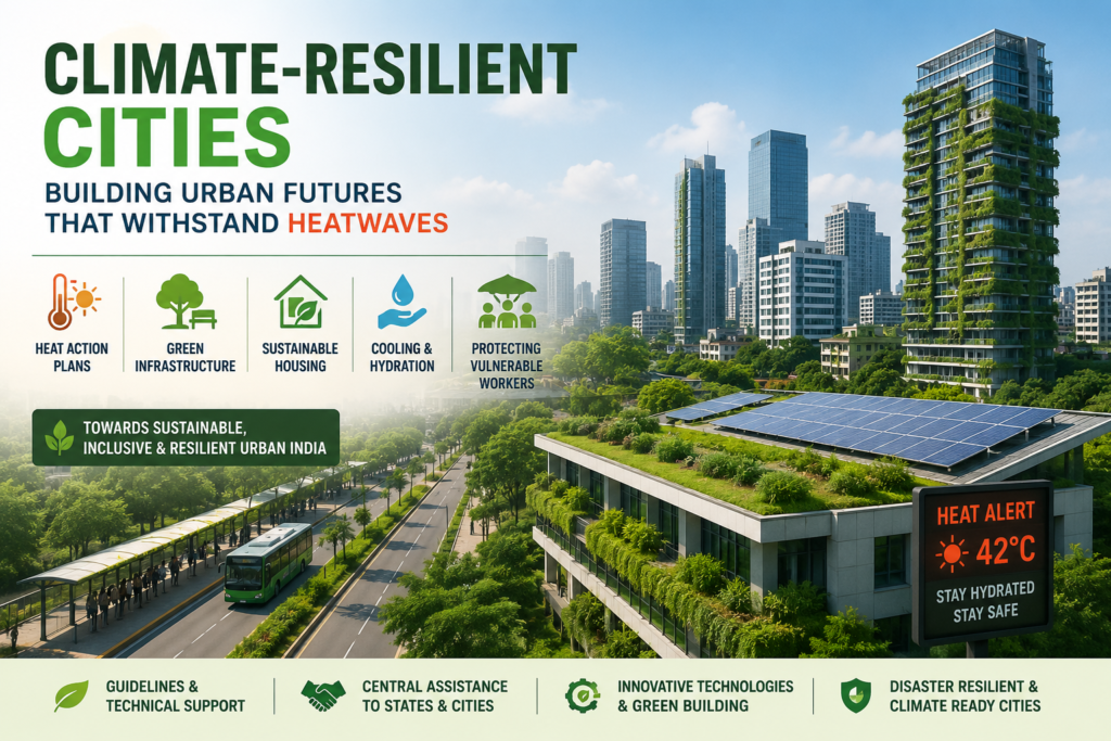 Green urban infrastructure promoting climate-resilient cities to combat urban heatwaves in India.