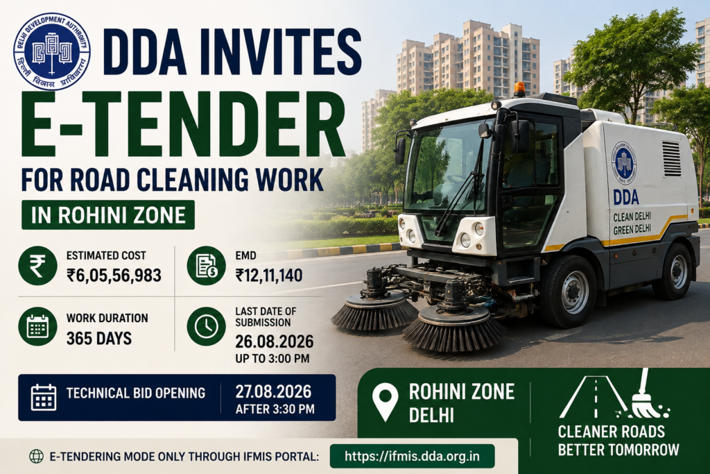 DDA e-tender for ₹6.05 crore road cleaning and mechanical sweeping work in Rohini Zone, Delhi.