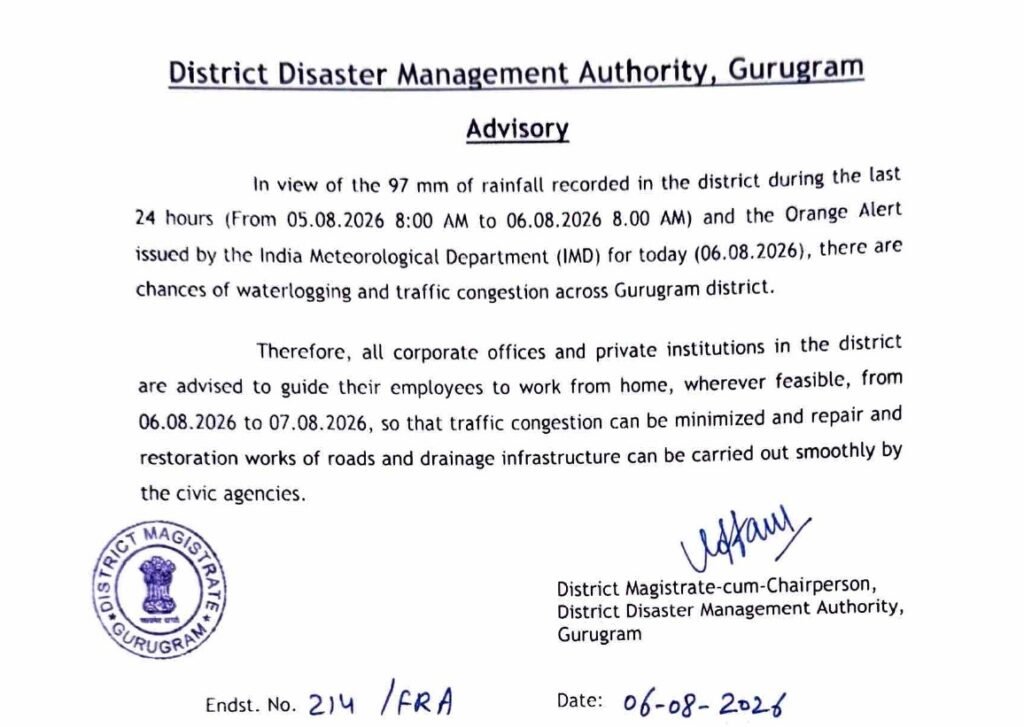 District Disaster Management Authority Gurugram issues work from home advisory after 97 mm rainfall and IMD Orange Alert on August 6, 2026.